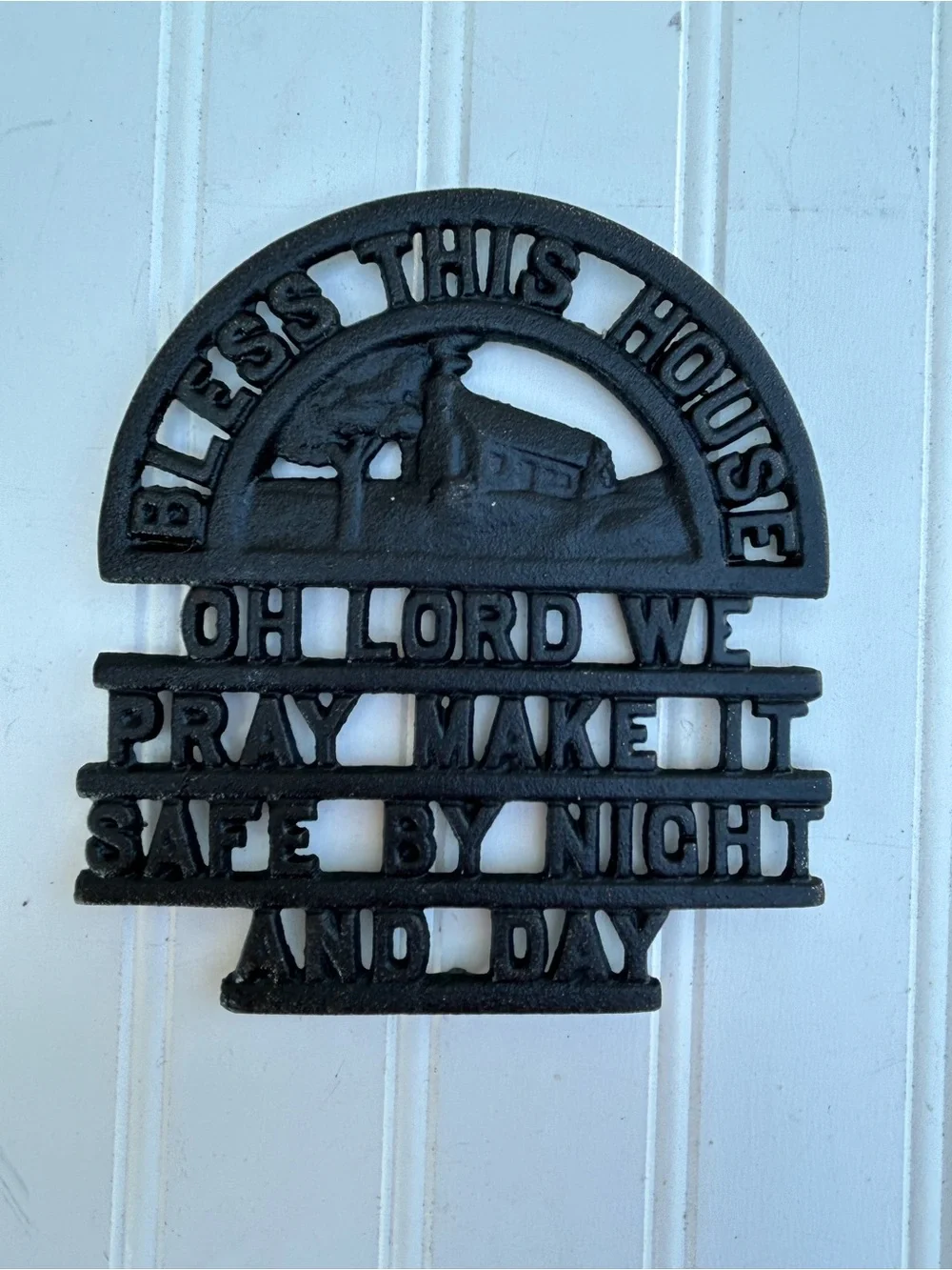 Iron Art Trivet Plaque Black Cast Iron 'Bless This House' Wall Religious 6x6.5